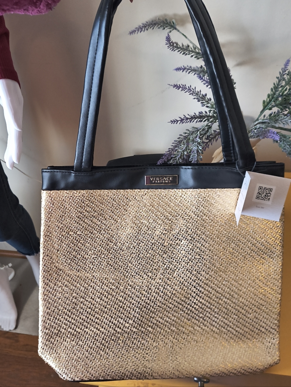 Versace Perfumes Expandable Gold Woven Shopper Black Leather Trim -  Large - EUC